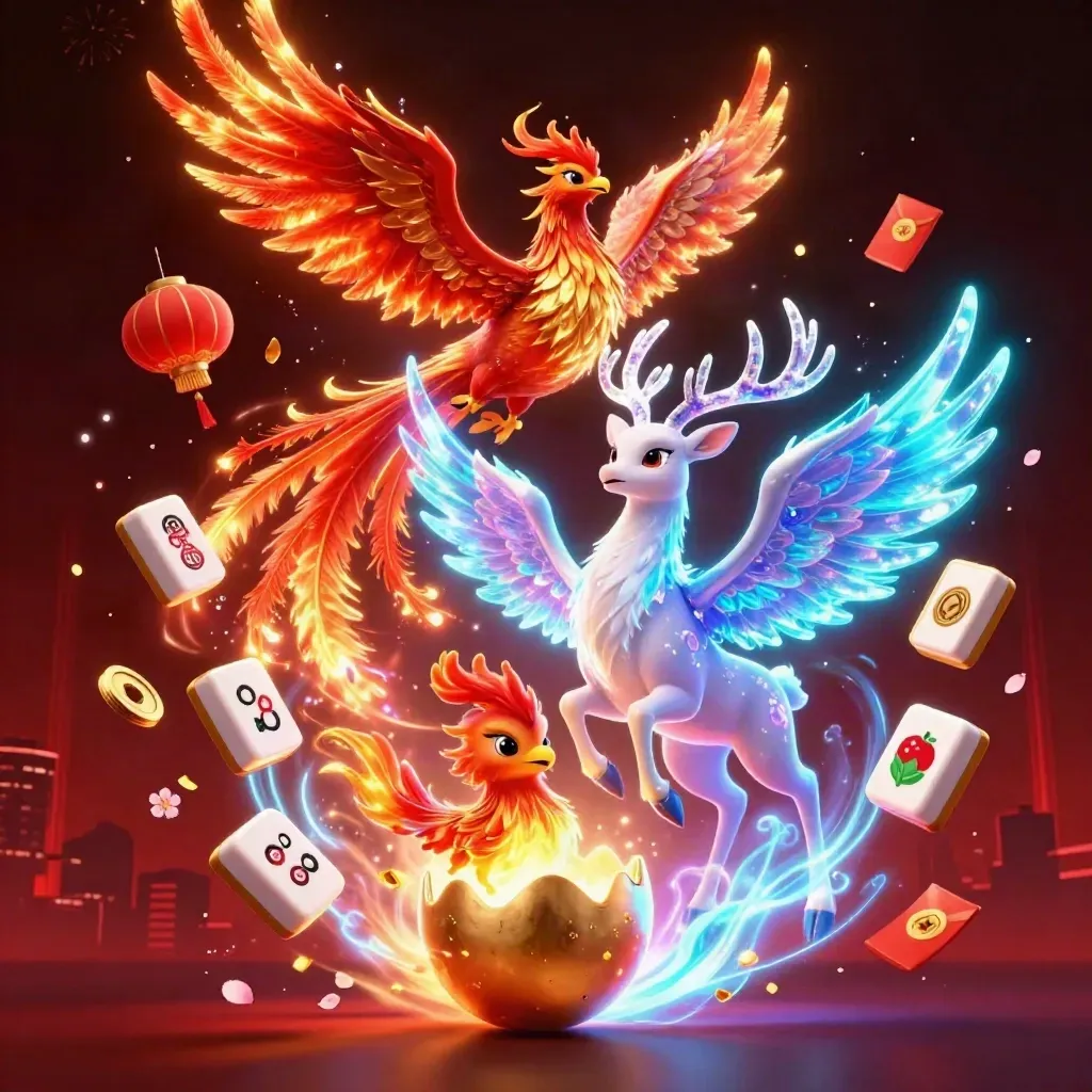 Drie fantasiedieren met casino-elementen in neon cyberpunkstijl.