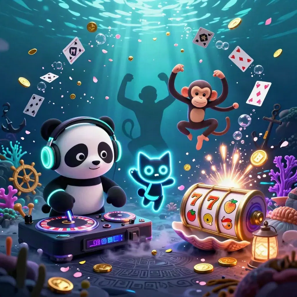 Panda-DJ, breakdancende aap en glow-stickkat in onderwater casino-uitbarsting met kaarten en runes.