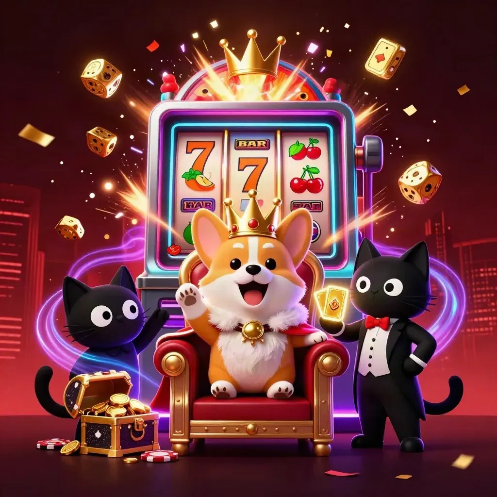Krooncorgi en kattenbutler op pokerchips, met slotmachine, goud en fruit-symbolen in neonlicht.