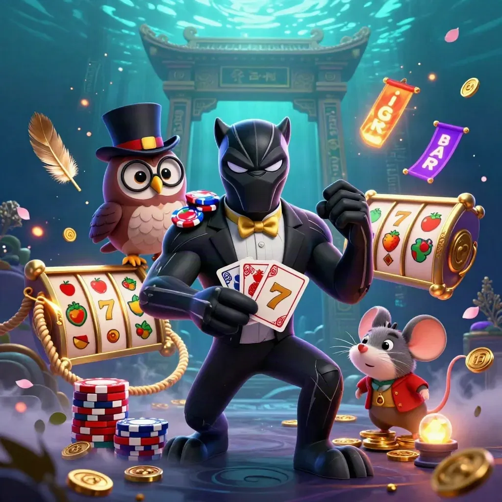 Panter, uil en muis bij een tempel met neon casino-effecten