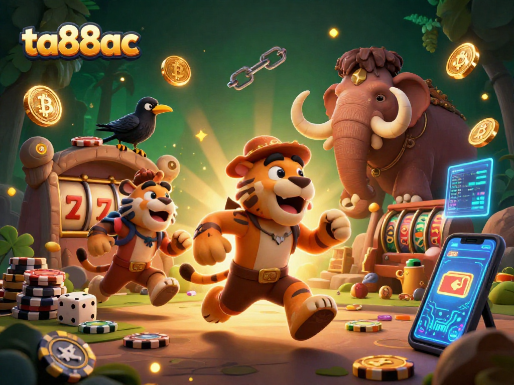 Experience thrilling wins at ta88ac in a vibrant, prehistoric casino scene filled with crypto elements.