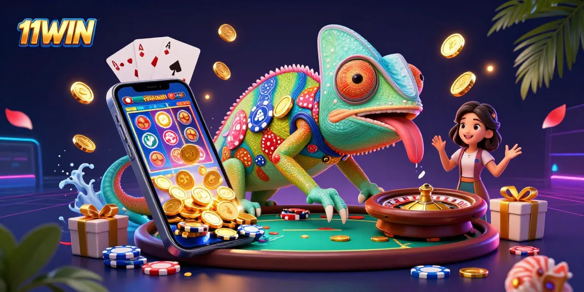 Experience thrilling 11WIN gameplay as the colorful chameleon casino owner grabs golden coins amidst dynamic slot action.