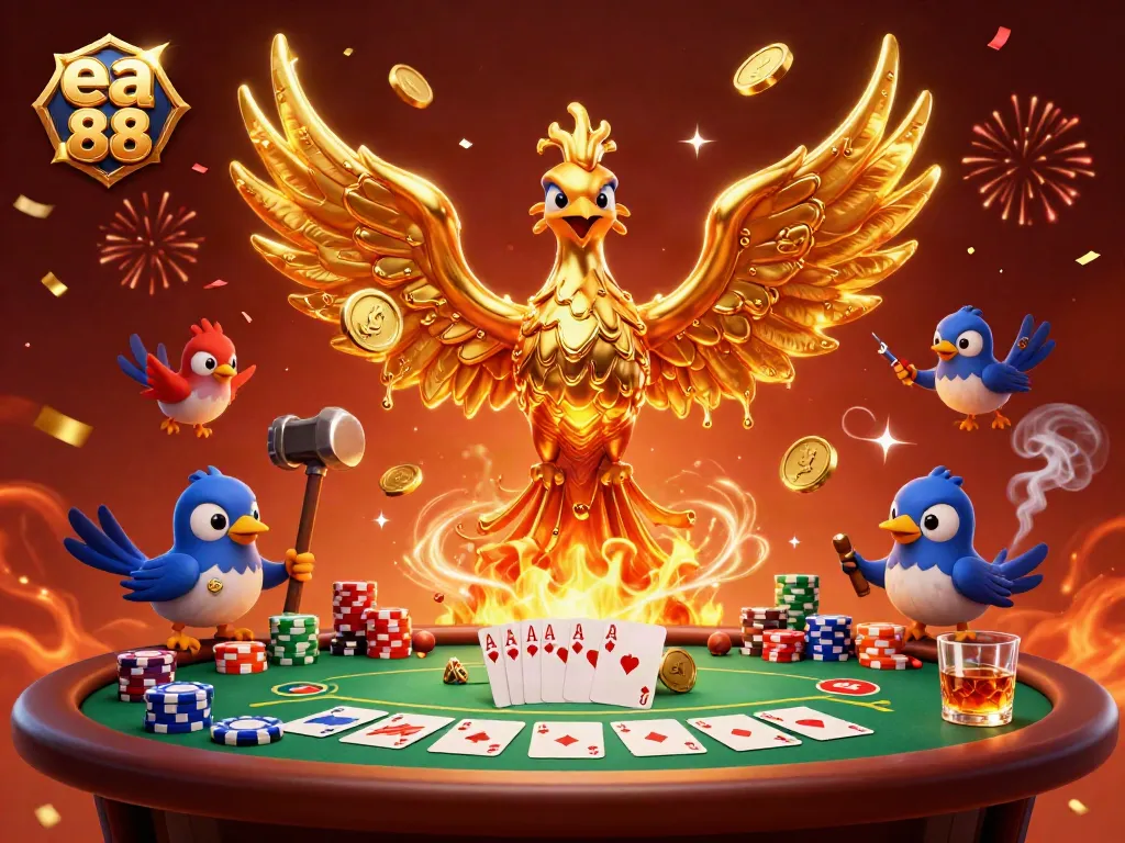 Experience the thrill of betting with the golden phoenix and poker elements in the vivid world of EA 88.