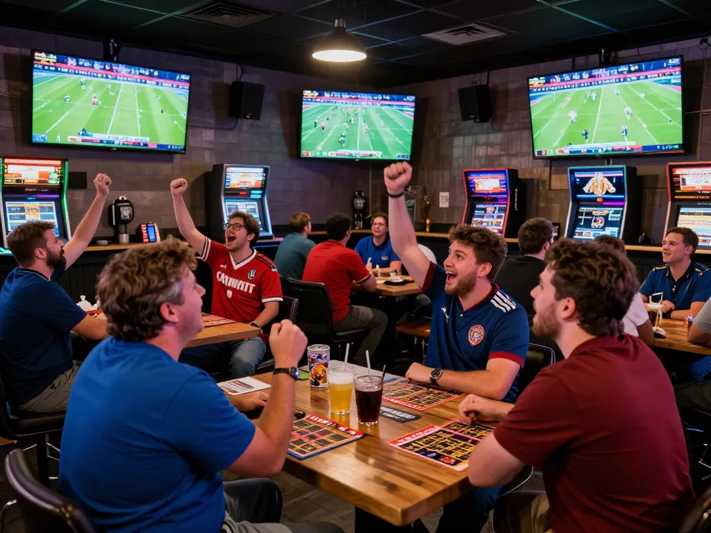 Engaging view of live football betting atmosphere where enthusiasts cheer while monitoring Kết quả bóng đá to place winning bets
