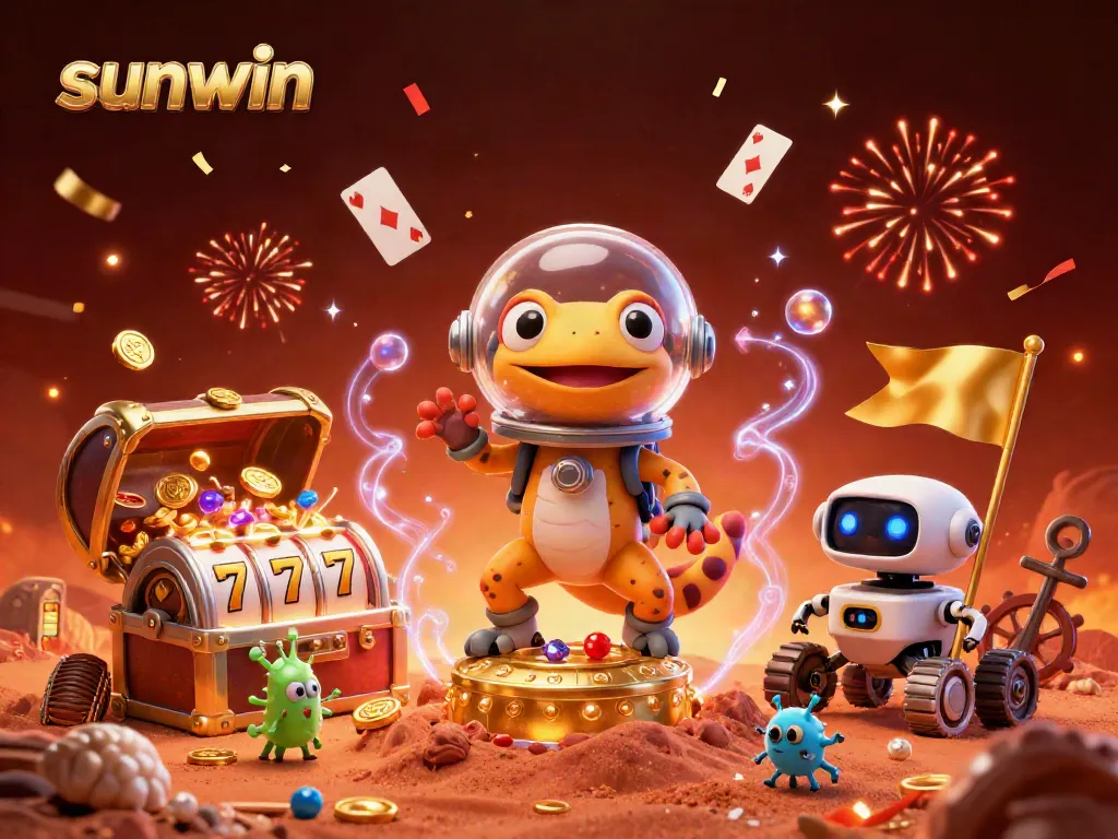 Sunwin captures excitement with a Martian gecko and casino theme, showcasing vibrant gaming elements.