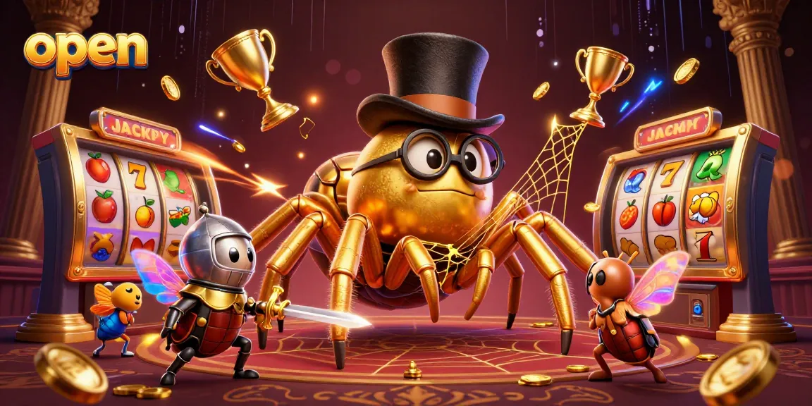 Exciting open 3D casino scene with vibrant characters and spinning slot reels.