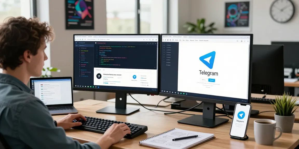 Download Telegram interface showcased on dual monitors in a modern tech workspace, emphasizing the innovative messaging features.