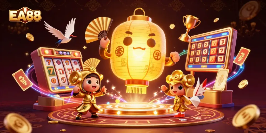 Engage in gaming action with EA88, featuring vibrant golden symbols and dynamic slot elements.