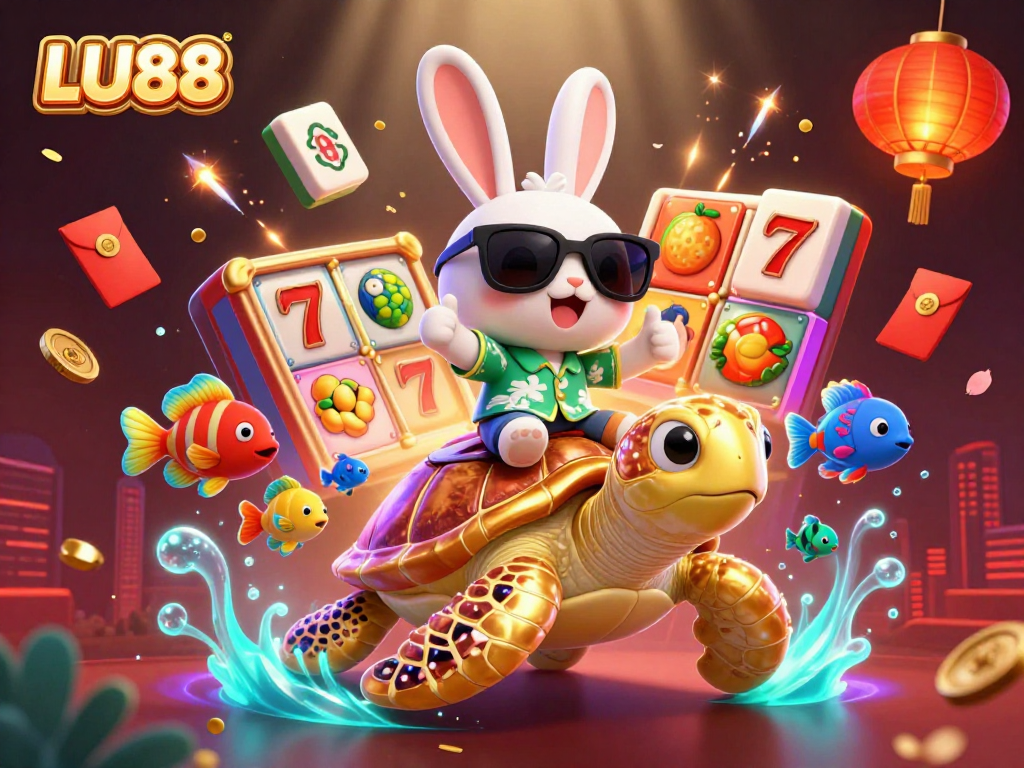 Experience thrilling gaming at LU88 with a lucky rabbit and golden turtle in an exciting slot scene.