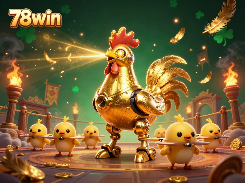 Engage with the thrilling action of 78win, showcasing a dynamic gold rooster robot amidst vibrant casino elements.