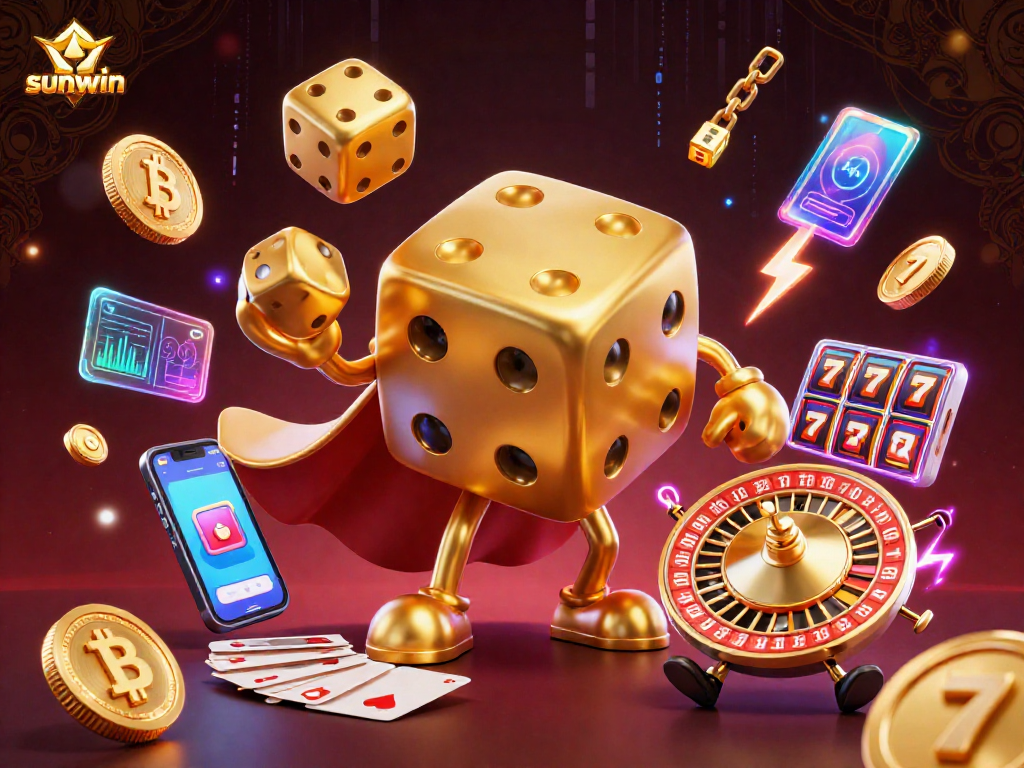 Experience winning at sunwin with a dynamic golden dice golem and crypto coins in a vibrant casino scene.