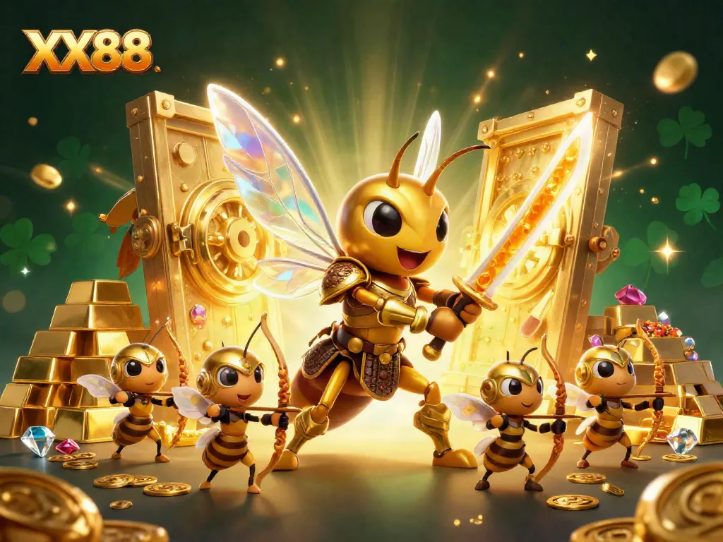 Engage with the exciting world of XX88 as a giant golden hornet battles for treasures in a vibrant casino realm.