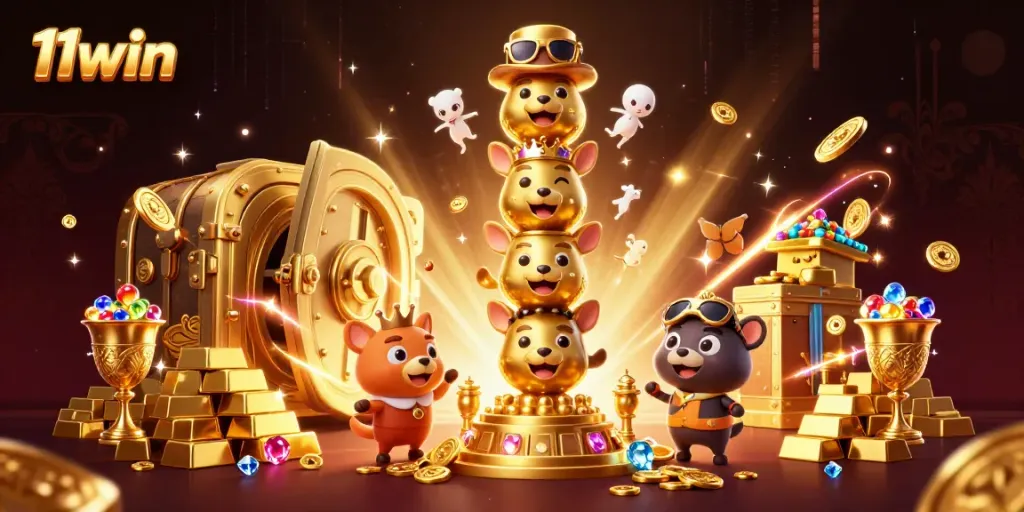 Experience the thrilling atmosphere of 11win with this vibrant casino illustration showcasing a golden totem and treasure around it.