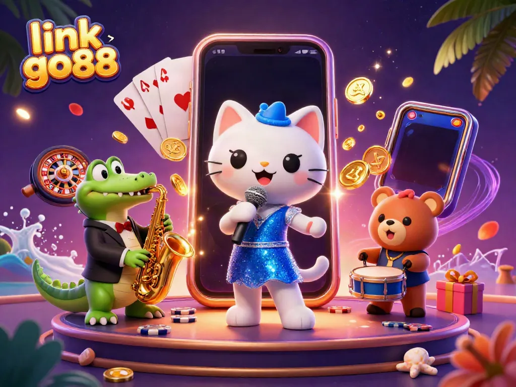 Engage with link go88 through vibrant 3D casino characters and dynamic gaming elements in a lively scene.