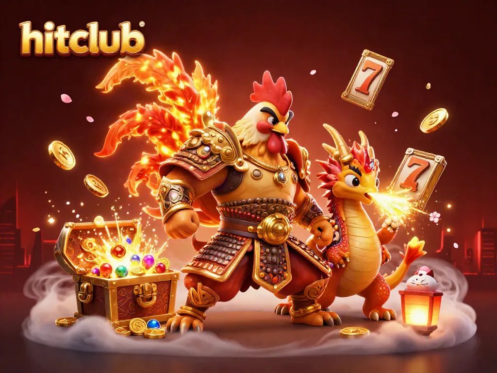 Hitclub's lively gaming scene with a warrior rooster, dragon, and magical elements in a vibrant casino setting.