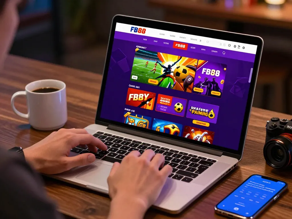 User engaging with the FB88 platform on laptop, showcasing dynamic online gambling features.