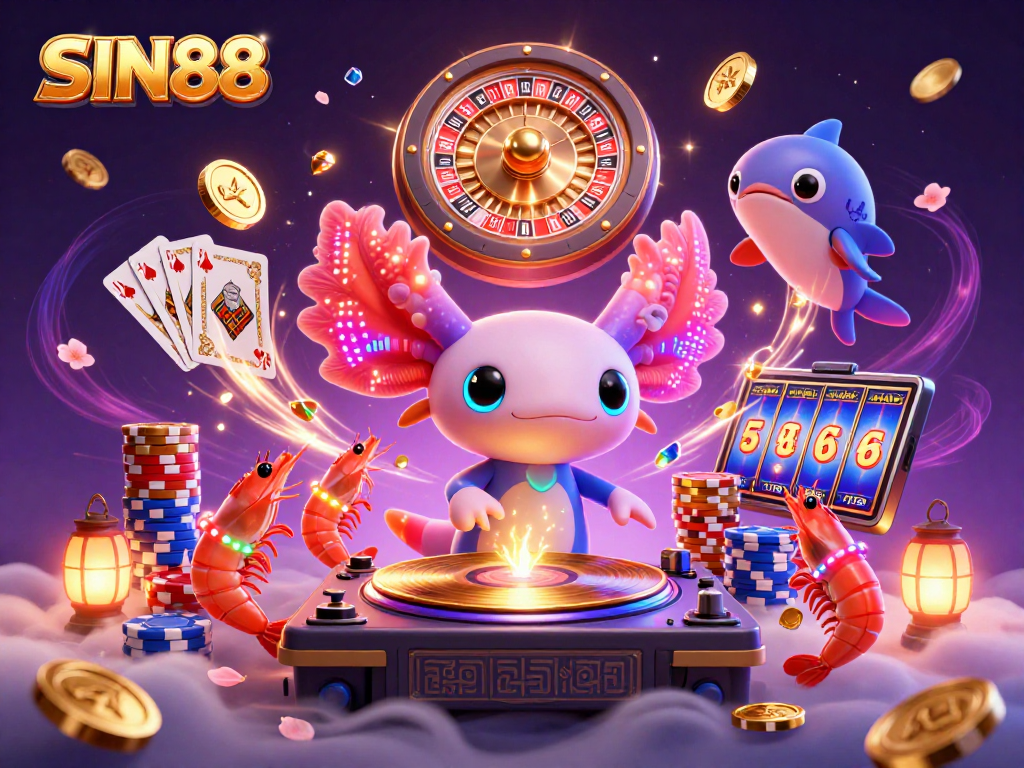 SIN88 showcases a lively 3D scene with a DJ axolotl, vibrant gambling elements, and dynamic characters.