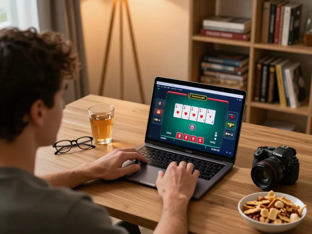 KJC user placing bets on an online poker game during a cozy home evening.