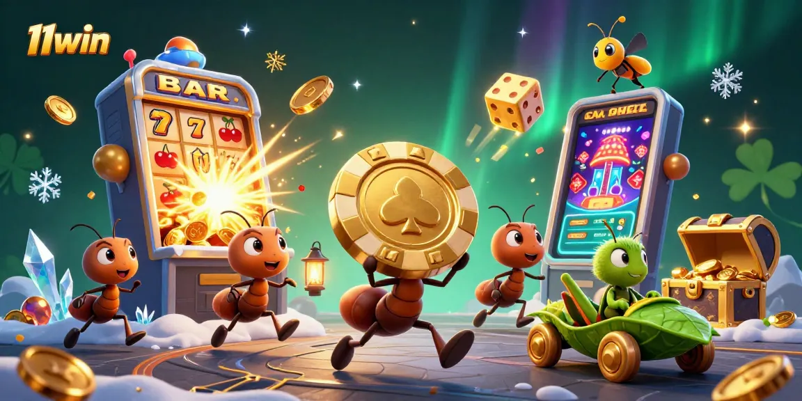 Experience the vibrant and dynamic 11win casino world with playful ants and golden chips.