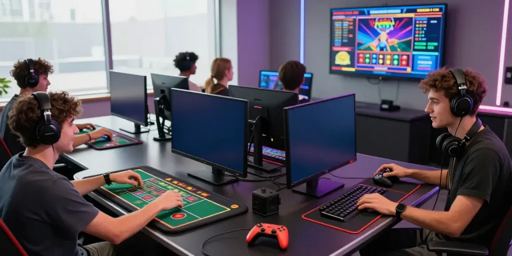 Excited players engaging in five88 online gaming with vibrant visuals and modern setups.