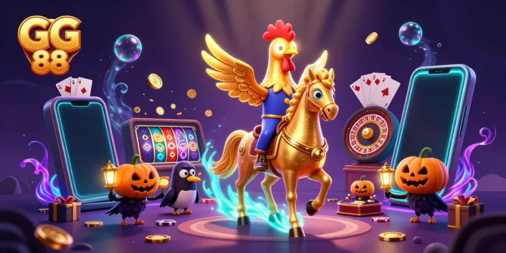 Engage in the thrill of GG 88 casino games with a mesmerizing scene of a golden rooster in a midnight casino.