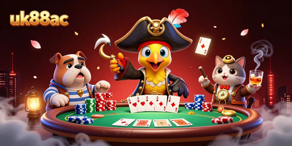 uk88ac invites players to join the dynamic poker scene featuring a pirate captain, bulldog, and ship's cat.