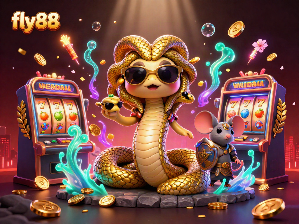 Spin the reels with fly88 in this vibrant casino-themed 3D illustration packed with lively characters and rich details.