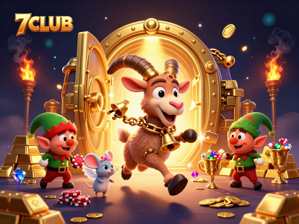 7CLUB casino scene features Krampus goat and gremlins in a festive heist full of treasures.
