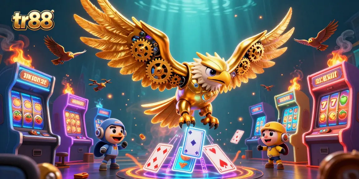 Experience thrills with tr88 as the golden eagle navigates vibrant casino elements in stunning detail.