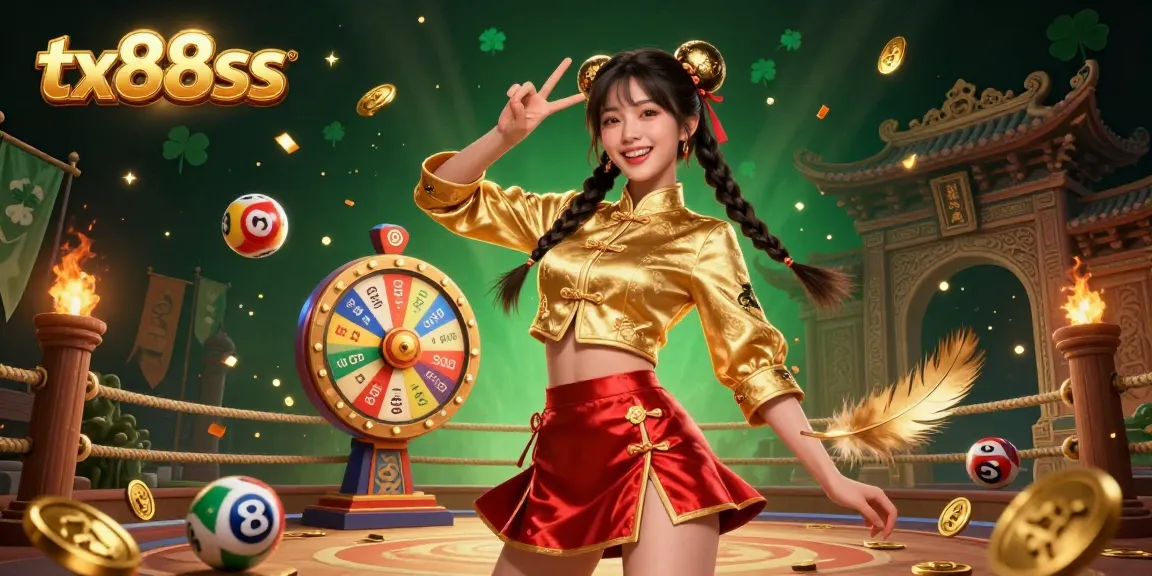Experience thrilling gameplay and vibrant fun at tx88ss, featuring a joyful Asian woman amidst lottery balls and casino elements.