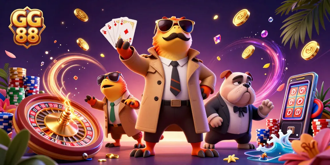 Three raptors in a trench coat prepare to enter GG 88 VIP casino, surrounded by gold coins and cards.