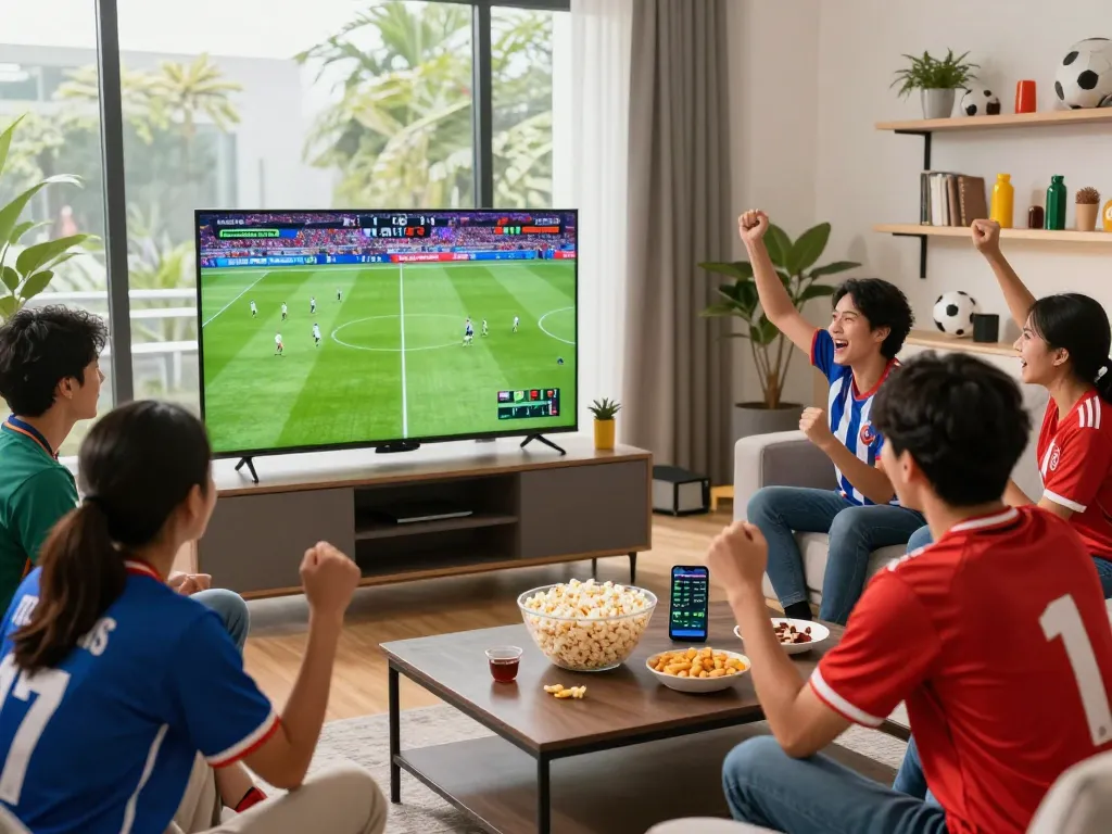 Lương Sơn TV viewers enjoying a high-definition football match in a vibrant living room atmosphere.