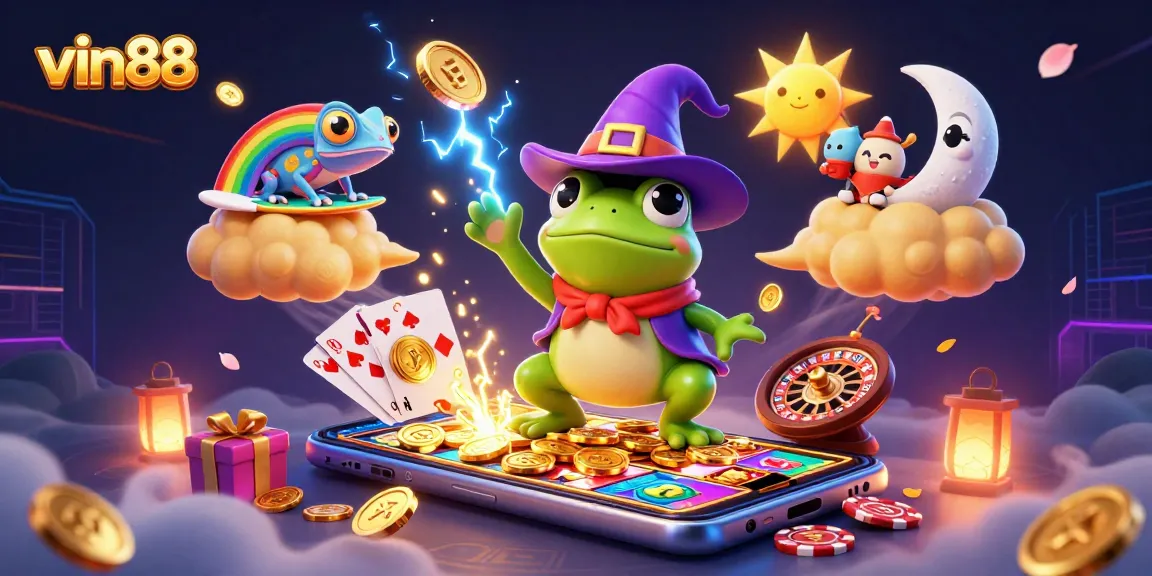 vin88 gaming experience with a wizard frog and chameleon amidst golden coins and vibrant casino elements