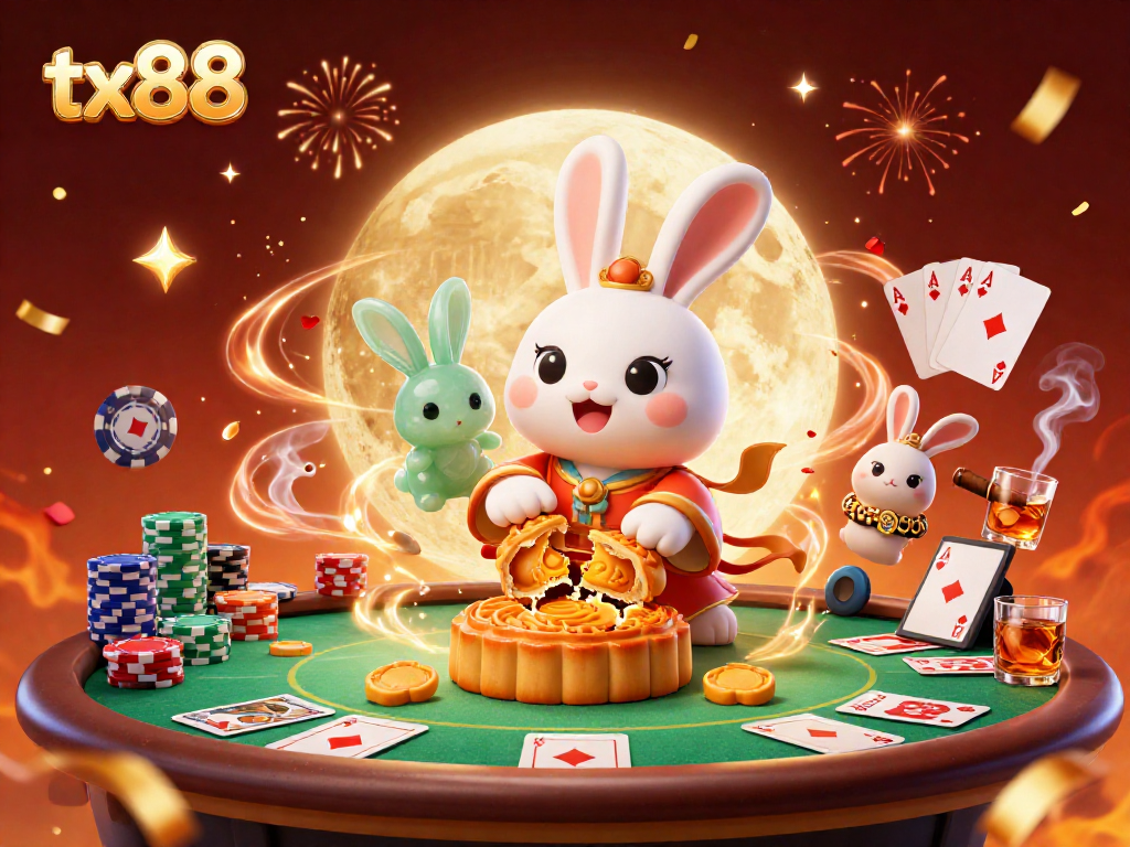 tx88 highlights exciting poker action with a moon rabbit revealing poker chips in a vibrant scene.