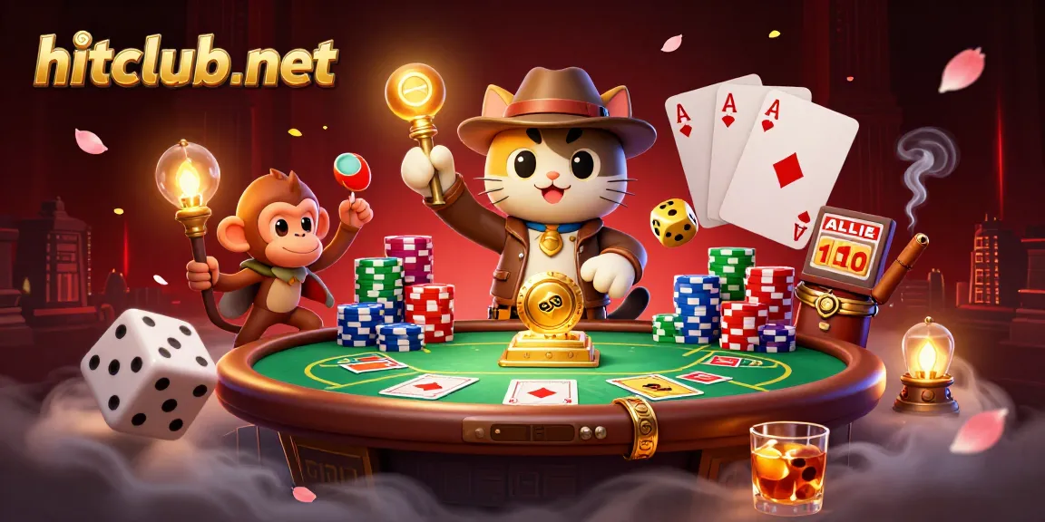 Experience excitement at hitclub-net with a dynamic gambling scene featuring casino elements and characters.
