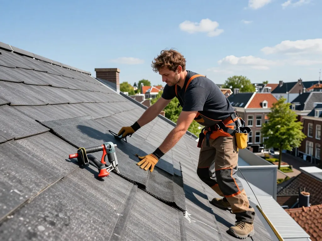 Vakkundige dakdekker Utrecht die dakbedekkingsmaterialen aanbrengt op een schuin dak