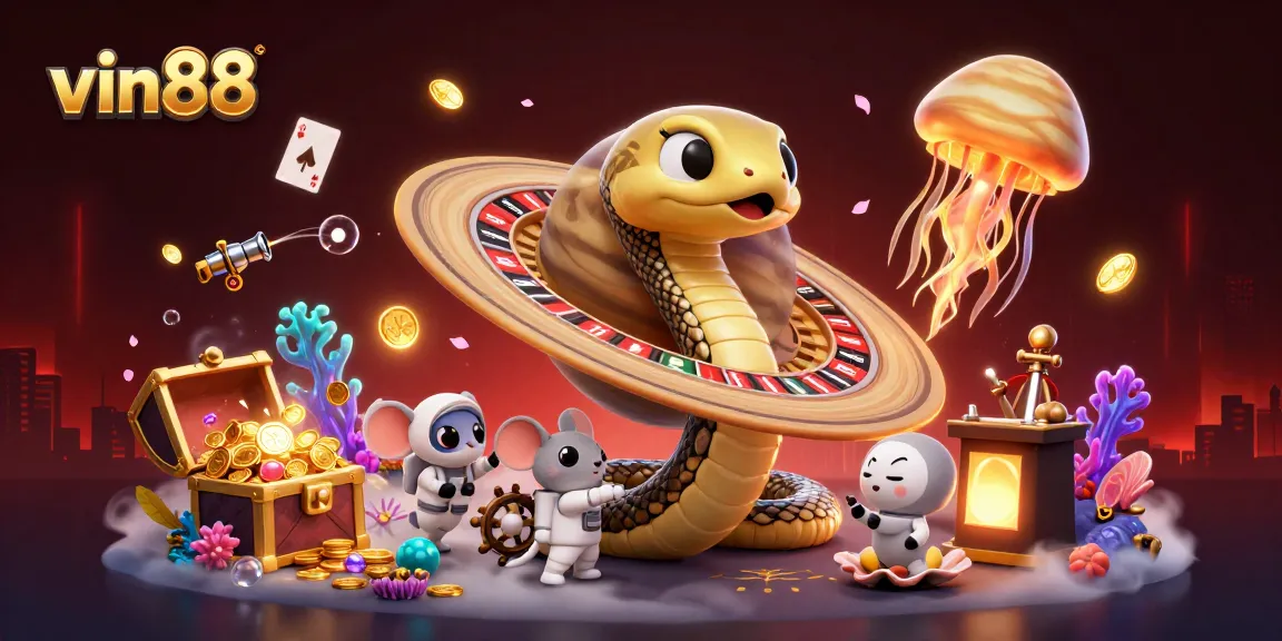 vin88 lets punters spin the roulette wheel alongside whimsical astronaut mice in this vibrant casino scene.