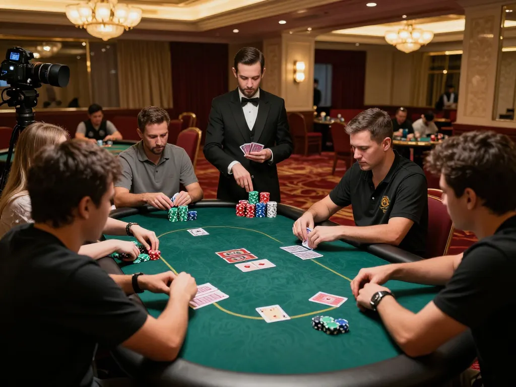 Players engaging in poker at a luxurious casino table, highlighting 1gom betting strategies.