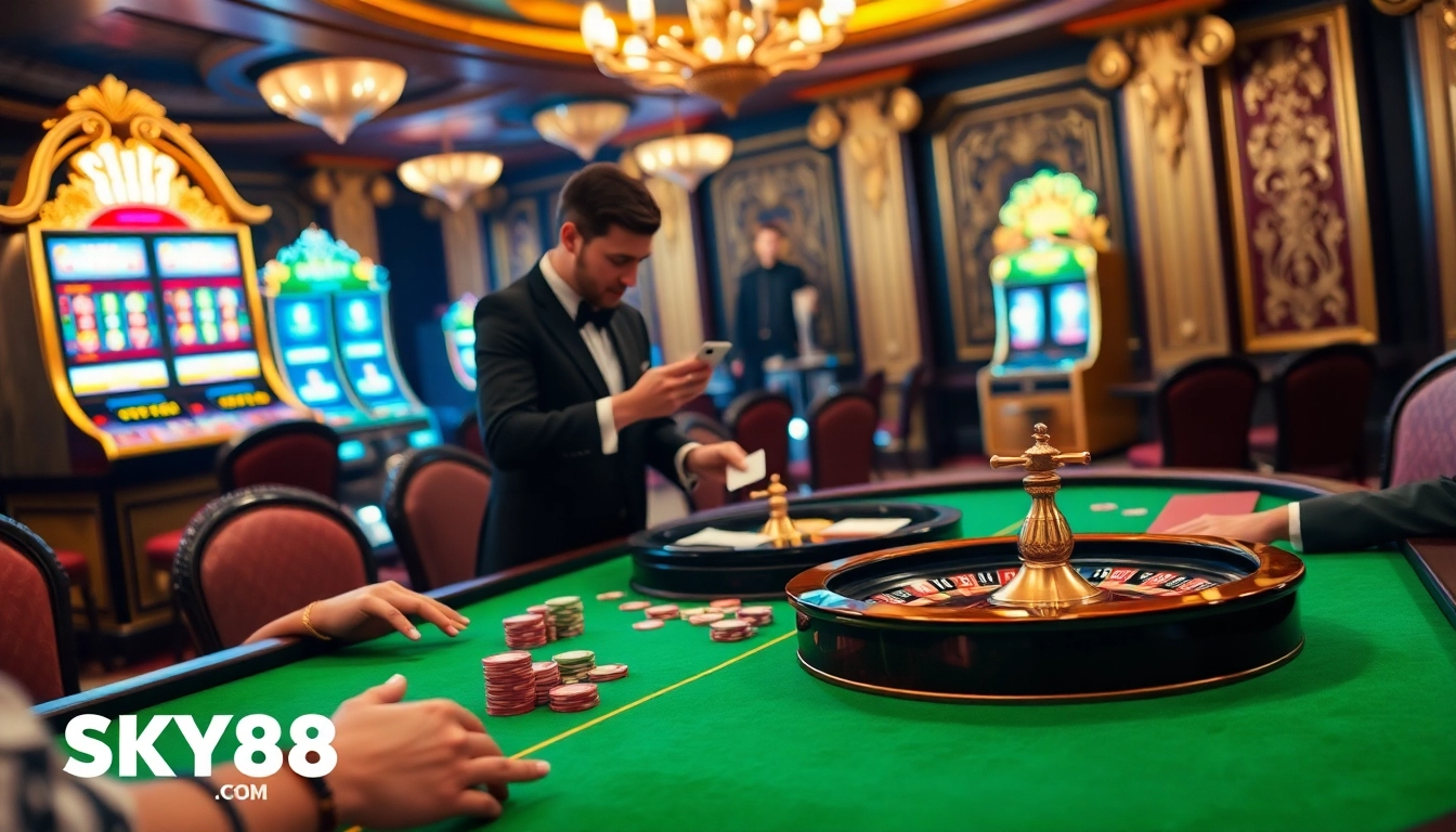 Experience the thrilling gameplay at SKY88 COM with vibrant casino tables showcasing poker action and luxury decor.