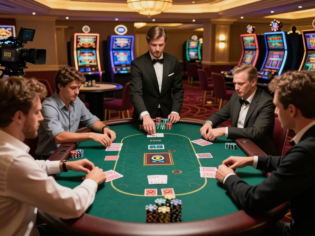 F168 poker players engaged in intense gameplay with vibrant chips and cards at an upscale casino.