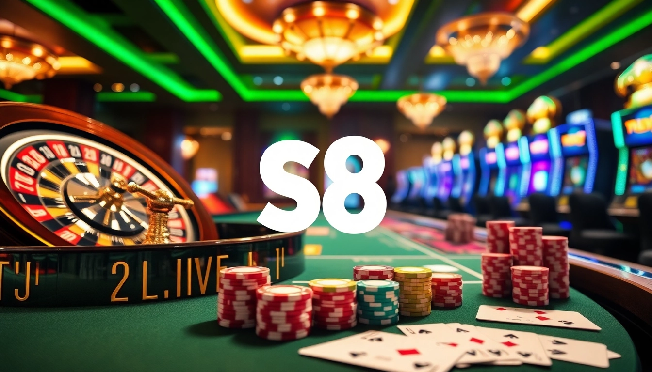 S8 offers an immersive online casino experience featuring vibrant roulette wheels and poker chips.
