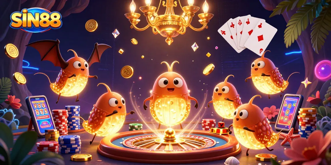 SIN88 illuminates the cave casino as glowworms and a bat dealer create a vibrant gambling scene.