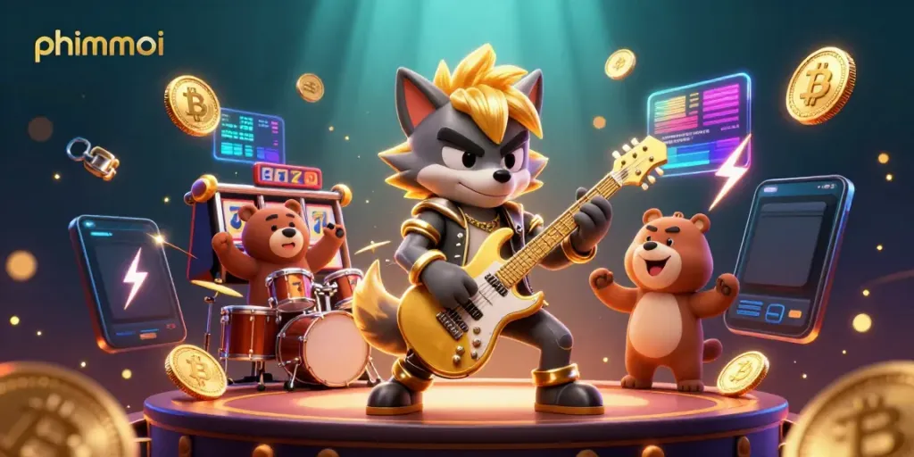 Experience thrilling gameplay with phimmoi's rock star wolf and drummer bear in a vibrant casino.