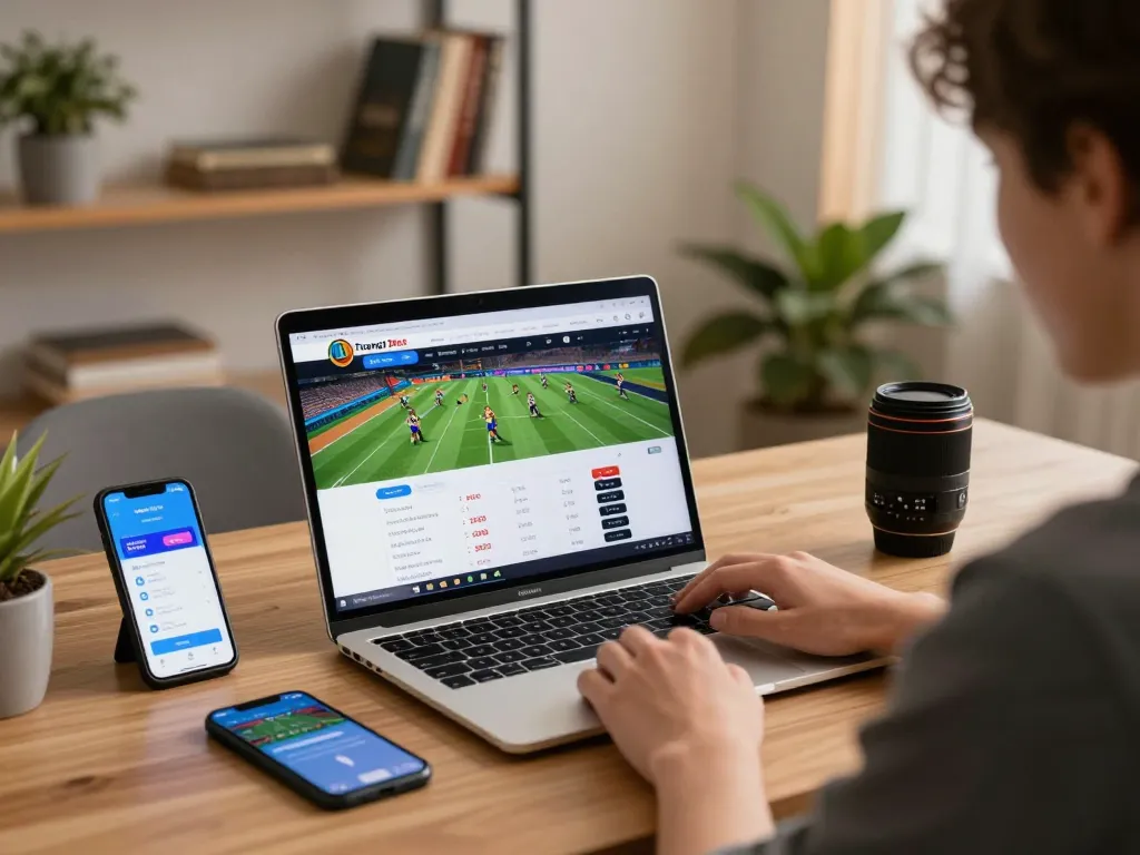 Engaged player using Trang chủ Dabet for online sports betting in a cozy home setup with ambient lighting.
