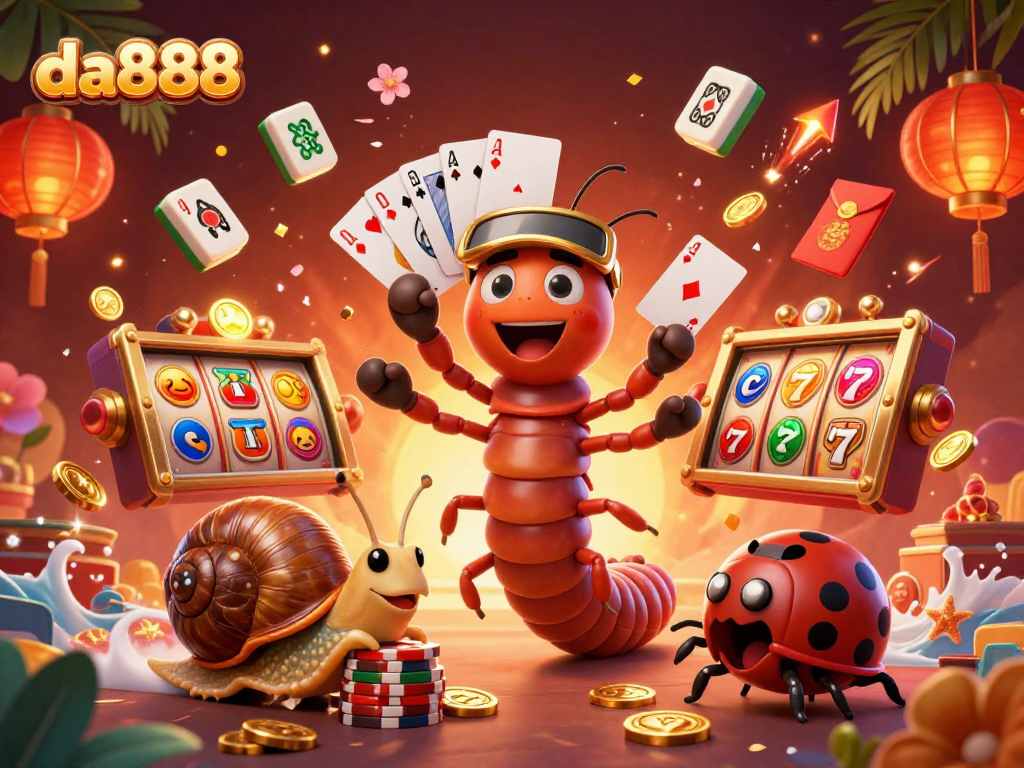 Experience thrilling gambling at da888 with a colorful 3D casino scene featuring animated characters.