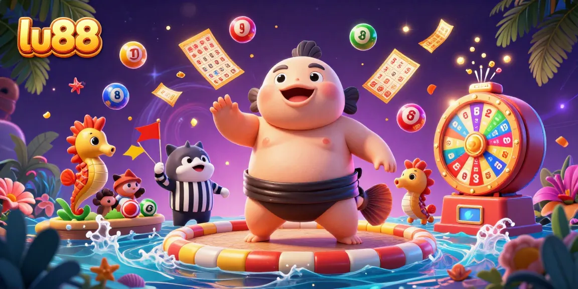 Experience thrilling lottery fun with lu88's lively 3D scene featuring colorful balls and festive characters.