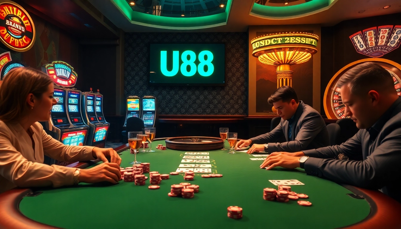 Experience the excitement of U88 at a high-stakes poker game in a luxurious casino setting.