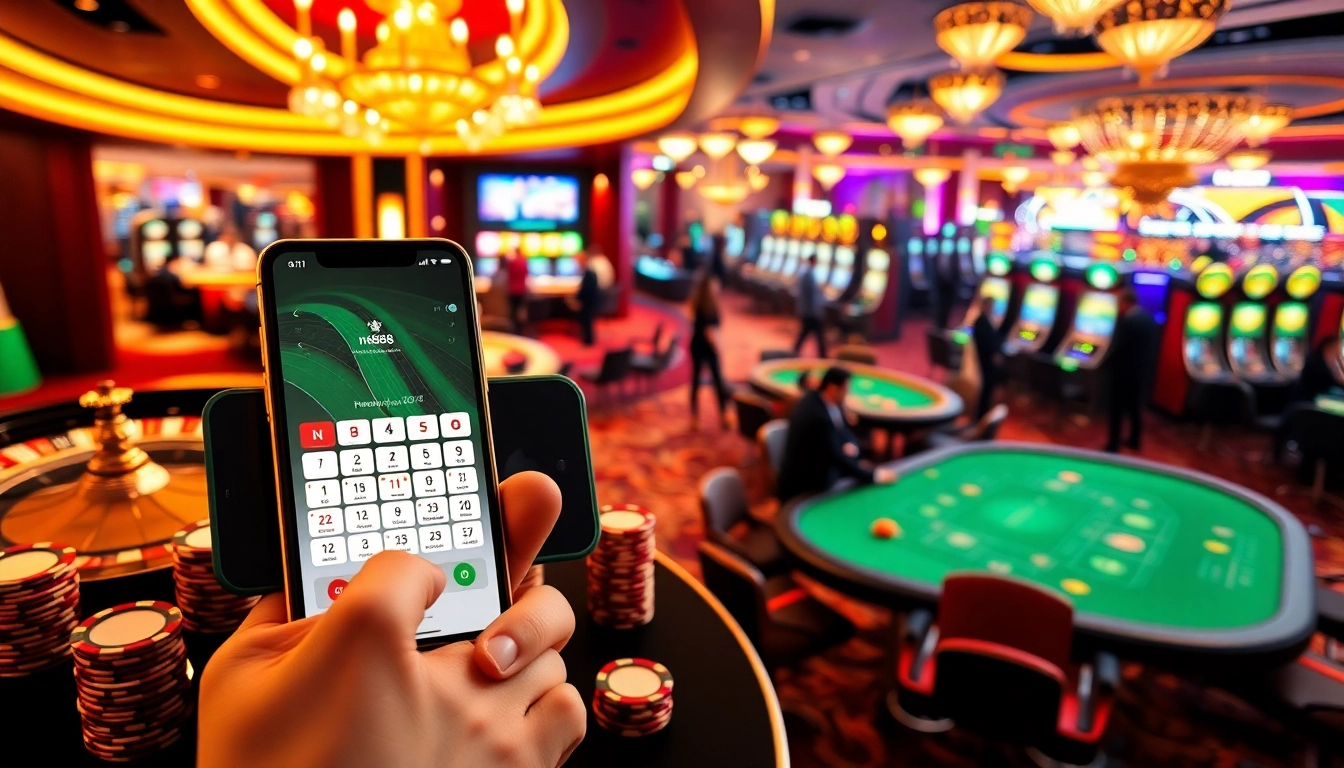 Experience the thrill of the nk88 app with a vibrant casino atmosphere showcasing roulette, poker, and digital interfaces.