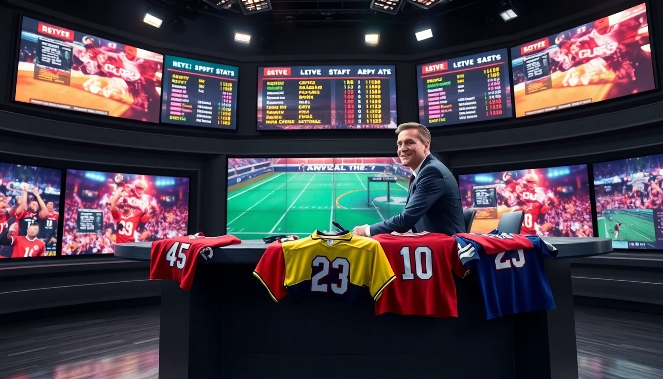 Engaging setup for sports broadcasting showcasing dynamic studio features and vibrant team jerseys.