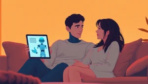 Sexting ai scene with a couple interacting with an AI chatbot in a cozy living room